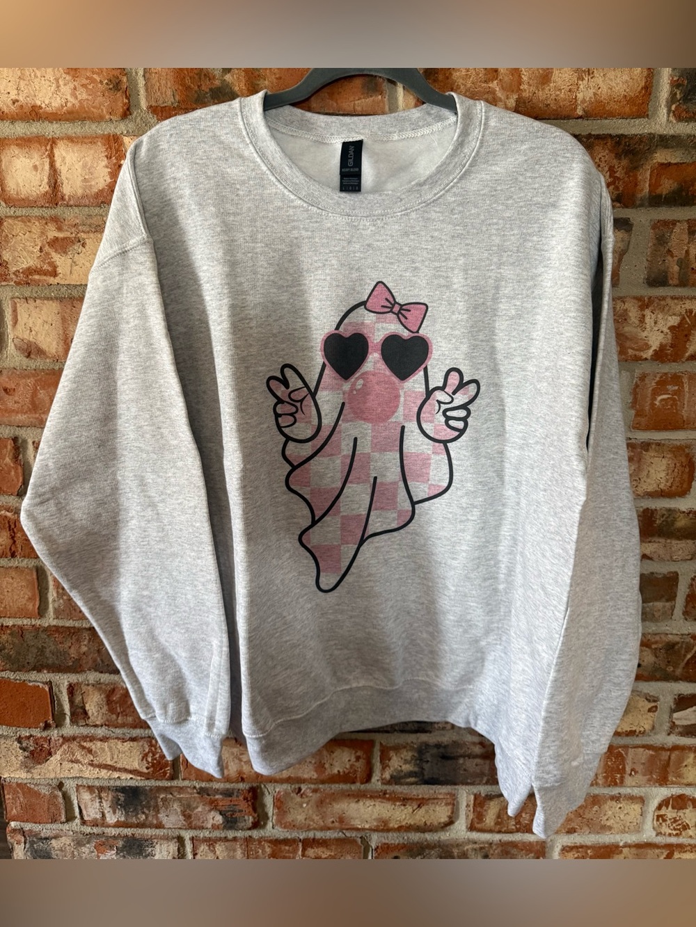 Gildan Gray Crewneck Sweatshirt with Pink Ghost Graphic